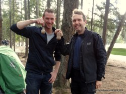 Two nuts. Matt (right) handing over the nuts to Dave (left)